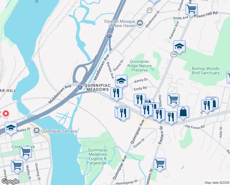map of restaurants, bars, coffee shops, grocery stores, and more near 185 Barnes Avenue in New Haven