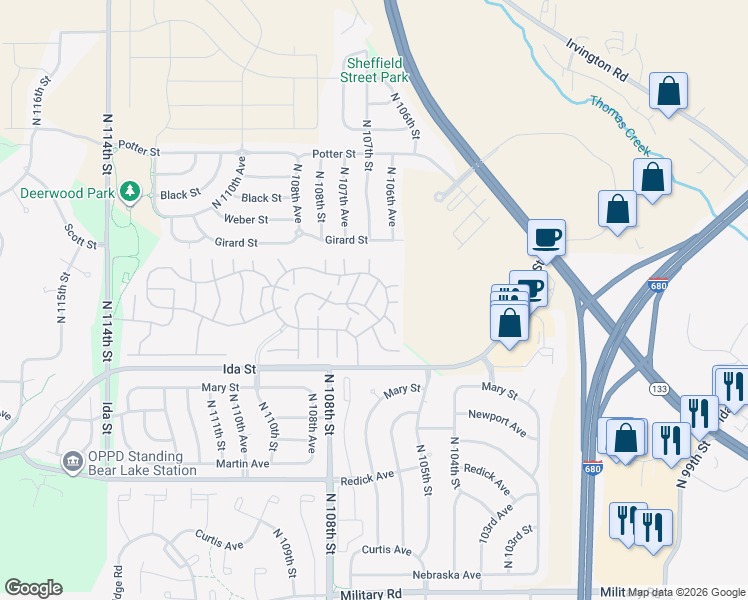 map of restaurants, bars, coffee shops, grocery stores, and more near 78 106th Plaza in Omaha