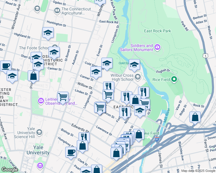 map of restaurants, bars, coffee shops, grocery stores, and more near 116 Canner Street in New Haven