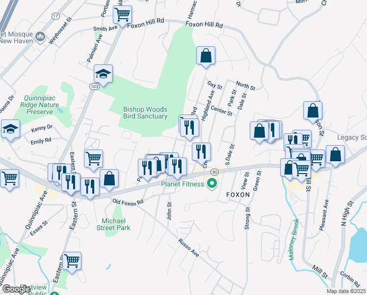 map of restaurants, bars, coffee shops, grocery stores, and more near 90 Foxon Boulevard in East Haven
