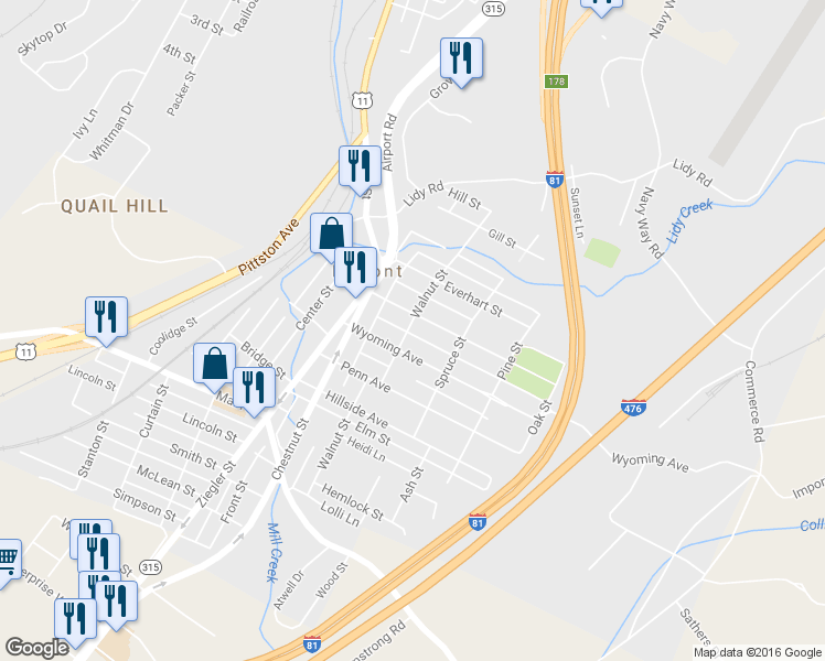 map of restaurants, bars, coffee shops, grocery stores, and more near 109 Walnut Street in Pittston