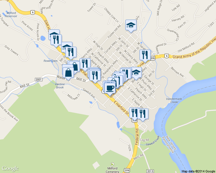 map of restaurants, bars, coffee shops, grocery stores, and more near 110 West Ann Street in Milford
