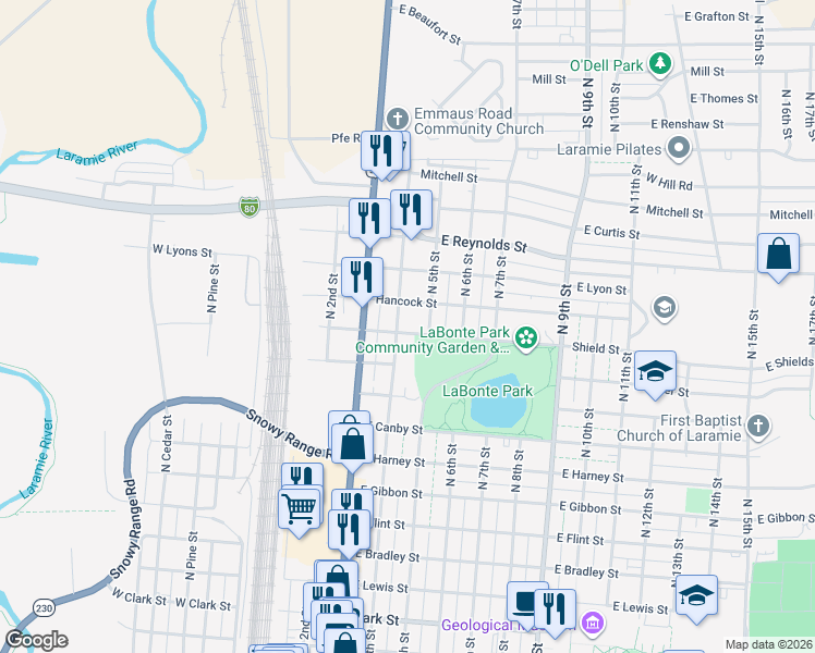 map of restaurants, bars, coffee shops, grocery stores, and more near 1256 North 4th Street in Laramie