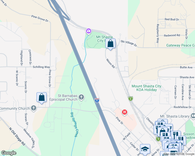 map of restaurants, bars, coffee shops, grocery stores, and more near 1422 Kingston Road in Mount Shasta