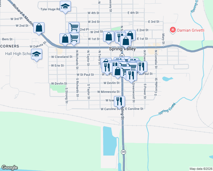 map of restaurants, bars, coffee shops, grocery stores, and more near 207 West Devlin Street in Spring Valley