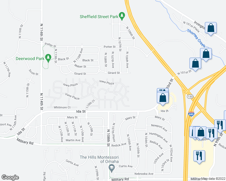map of restaurants, bars, coffee shops, grocery stores, and more near 108 107th Court in Omaha