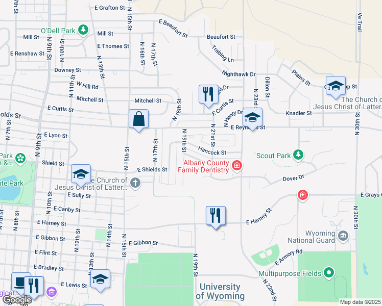 map of restaurants, bars, coffee shops, grocery stores, and more near 1911 Alsop Lane in Laramie