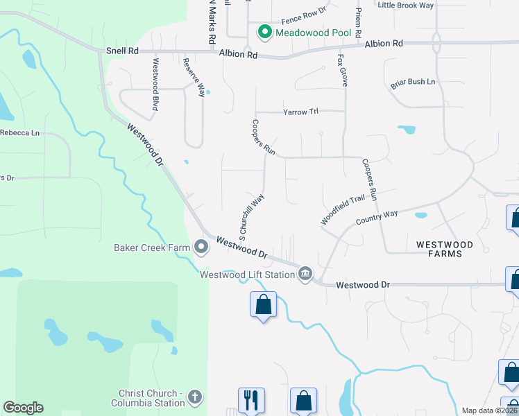 map of restaurants, bars, coffee shops, grocery stores, and more near 12621 South Churchill Way in Strongsville
