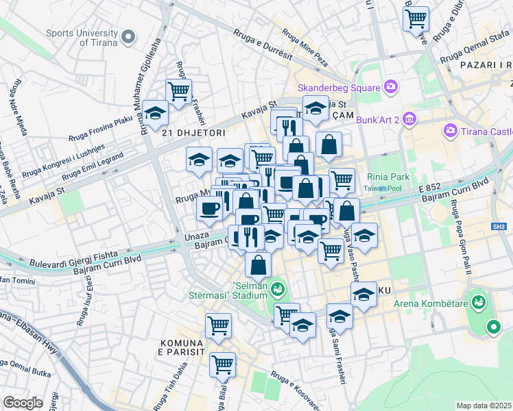map of restaurants, bars, coffee shops, grocery stores, and more near Rruga Nikolla Jorga in Tirana