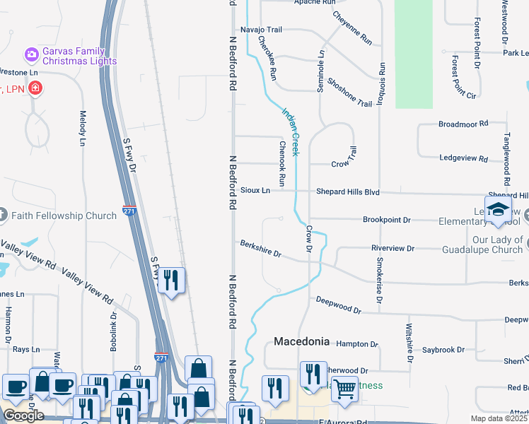 map of restaurants, bars, coffee shops, grocery stores, and more near 8774 Lawton Drive in Macedonia