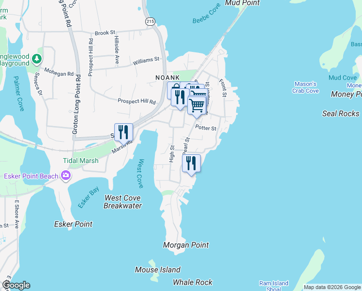 map of restaurants, bars, coffee shops, grocery stores, and more near 66 Pearl Street in Groton