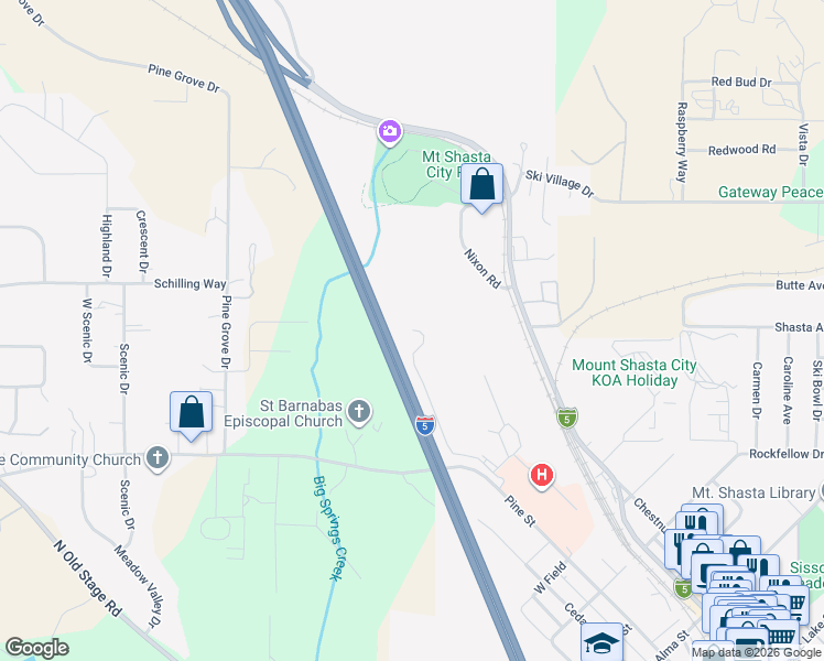map of restaurants, bars, coffee shops, grocery stores, and more near 1499 Kingston Road in Mount Shasta
