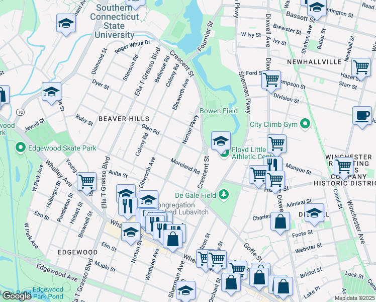 map of restaurants, bars, coffee shops, grocery stores, and more near 48 Glen Road in New Haven