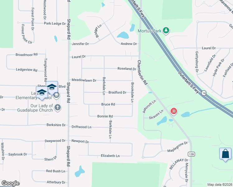 map of restaurants, bars, coffee shops, grocery stores, and more near 1532 Bradford Drive in Macedonia