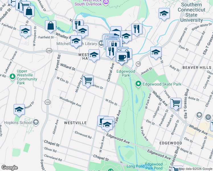 map of restaurants, bars, coffee shops, grocery stores, and more near 522 Central Avenue in New Haven