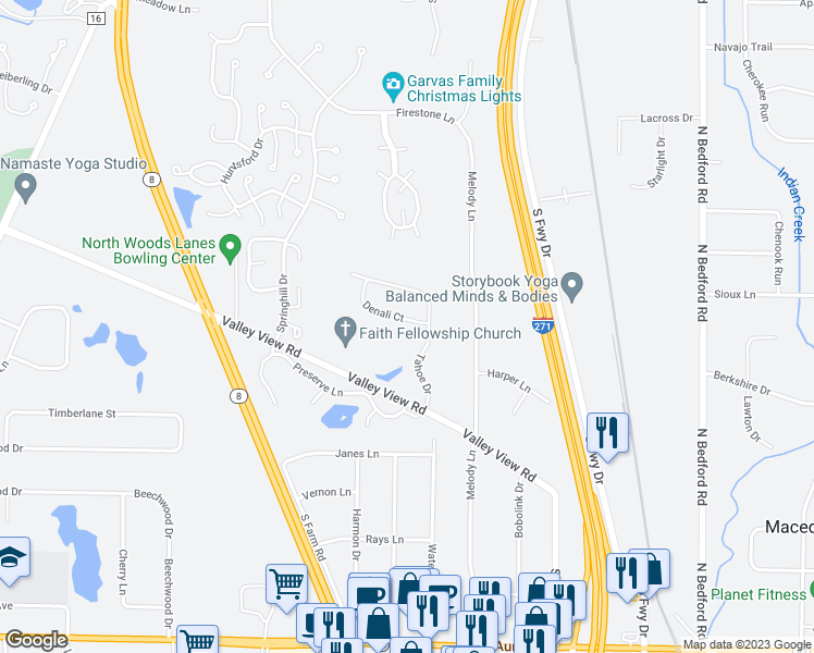 map of restaurants, bars, coffee shops, grocery stores, and more near 391 Denali Court in Macedonia