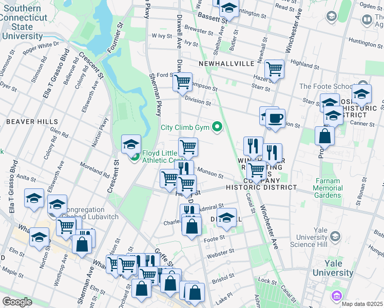map of restaurants, bars, coffee shops, grocery stores, and more near 33 Shelton Avenue in New Haven