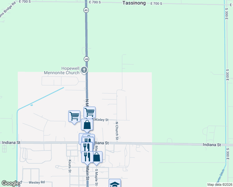map of restaurants, bars, coffee shops, grocery stores, and more near 399 Melody Lane in Kouts
