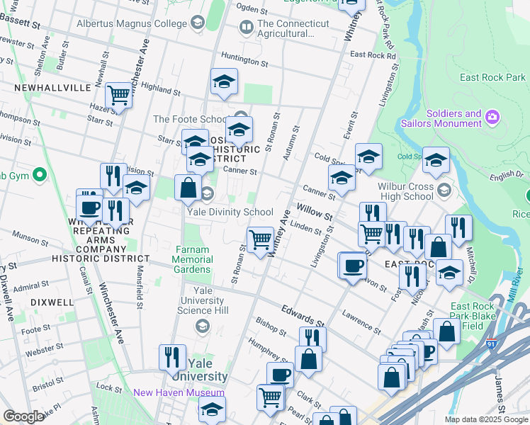 map of restaurants, bars, coffee shops, grocery stores, and more near 305 Saint Ronan Street in New Haven