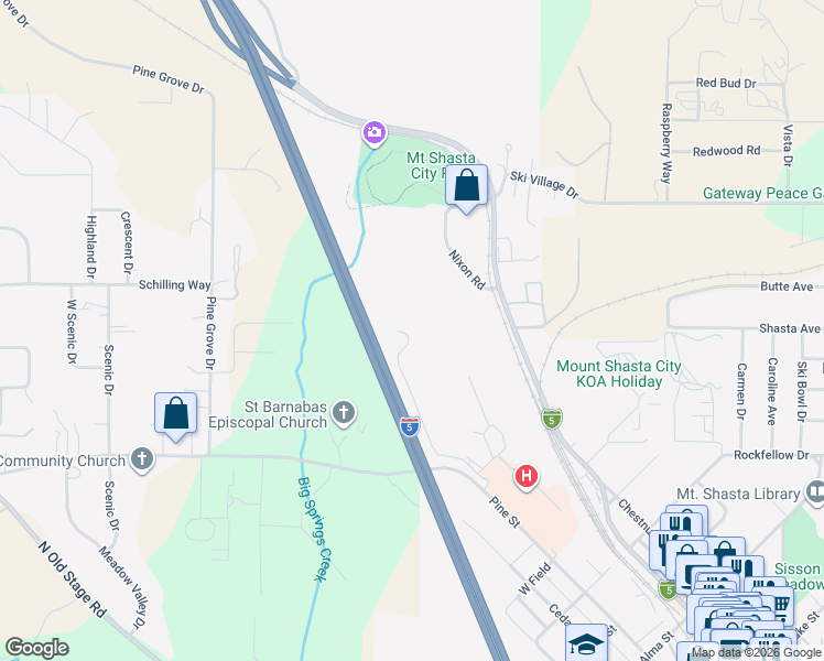 map of restaurants, bars, coffee shops, grocery stores, and more near 1422 Kingston Road in Mount Shasta