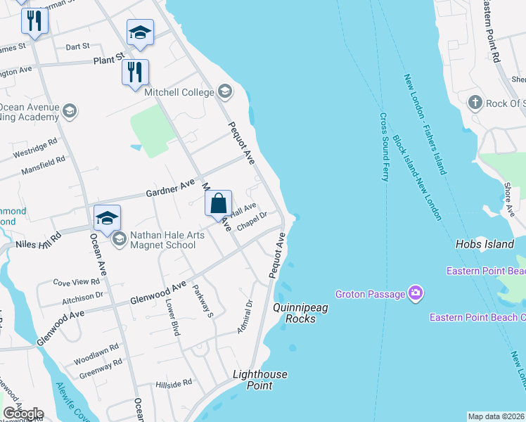 map of restaurants, bars, coffee shops, grocery stores, and more near 17 Chapel Drive in New London