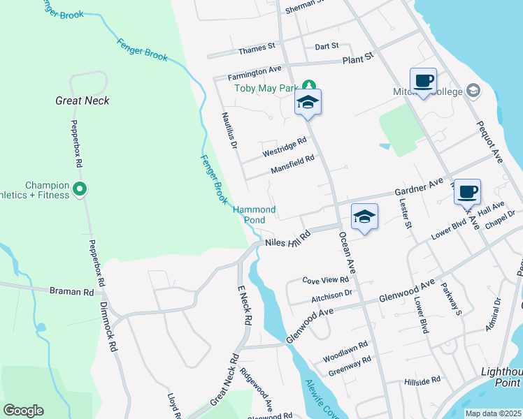 map of restaurants, bars, coffee shops, grocery stores, and more near Georgetown Rd in New London