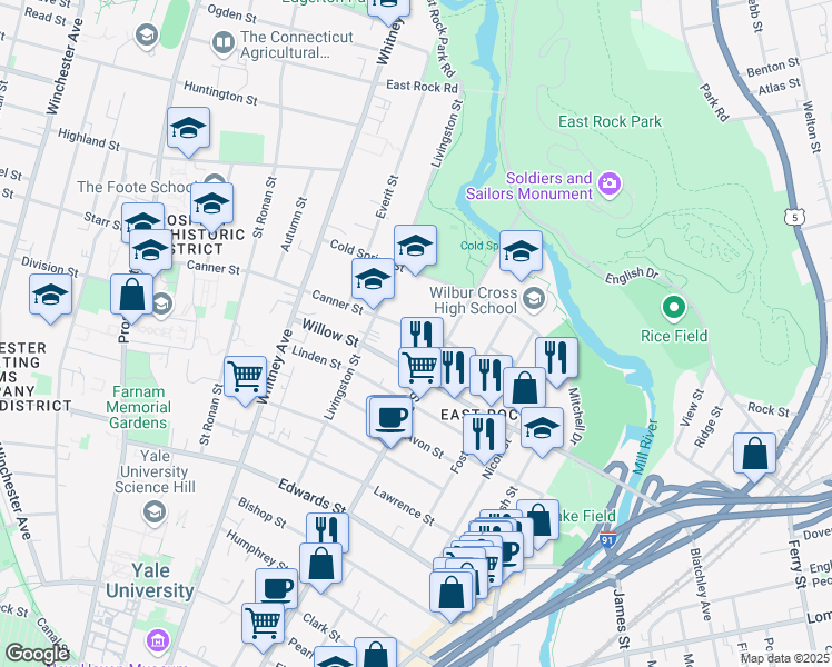 map of restaurants, bars, coffee shops, grocery stores, and more near 116 Canner Street in New Haven