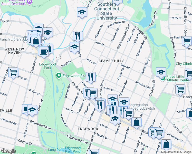 map of restaurants, bars, coffee shops, grocery stores, and more near in New Haven