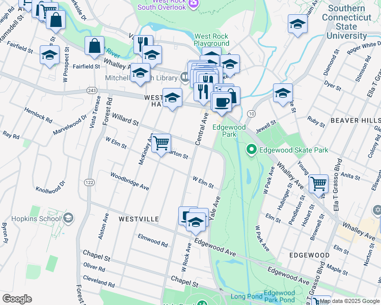 map of restaurants, bars, coffee shops, grocery stores, and more near 522 Central Avenue in New Haven