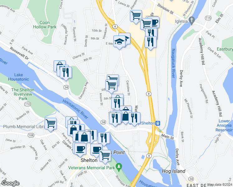 map of restaurants, bars, coffee shops, grocery stores, and more near 166 Minerva Street in Derby