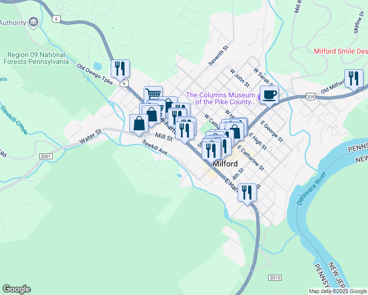 map of restaurants, bars, coffee shops, grocery stores, and more near 208 West Harford Street in Milford