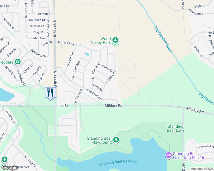 map of restaurants, bars, coffee shops, grocery stores, and more near 7120 North 138th Avenue Circle in Omaha