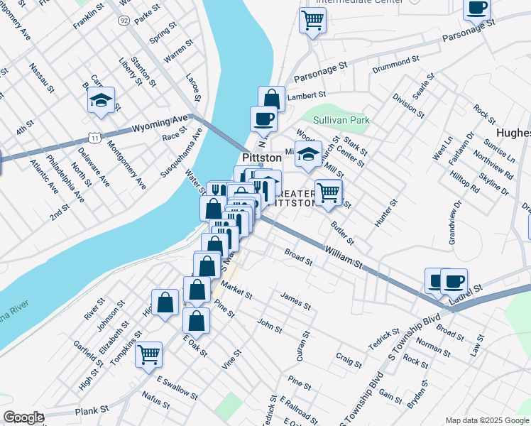 map of restaurants, bars, coffee shops, grocery stores, and more near 40-42 Church Street in Pittston