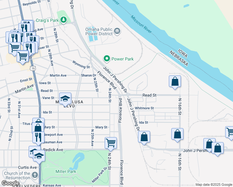 map of restaurants, bars, coffee shops, grocery stores, and more near 2308 Read Street in Omaha