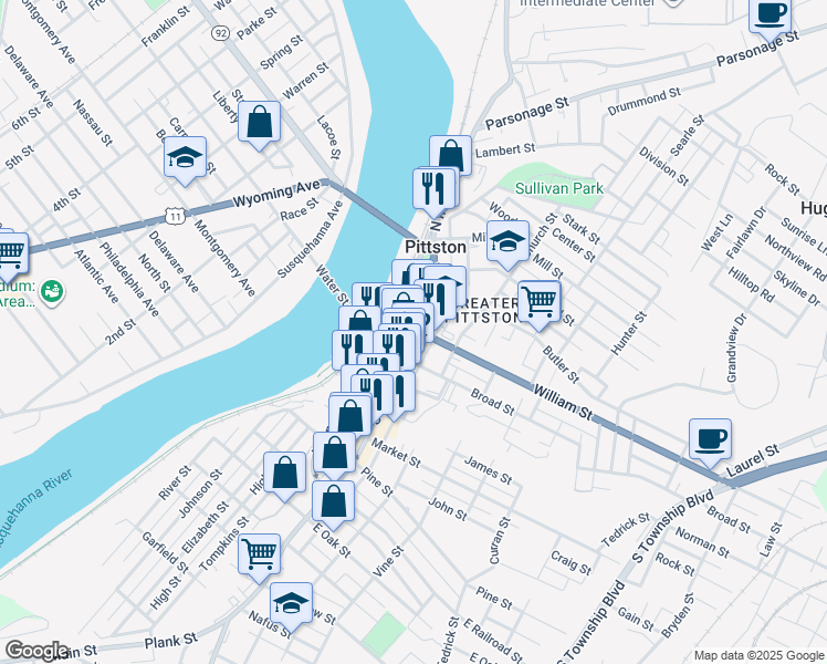 map of restaurants, bars, coffee shops, grocery stores, and more near 20 North Main Street in Pittston
