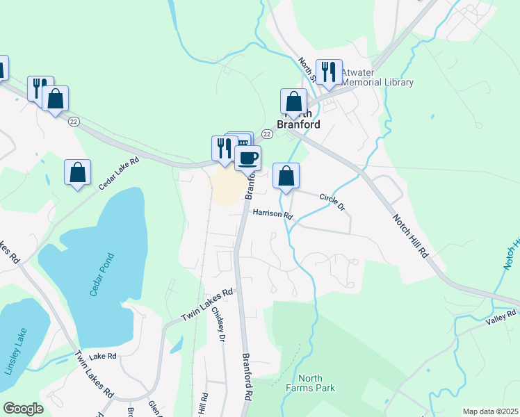 map of restaurants, bars, coffee shops, grocery stores, and more near 10 Harrison Road in North Branford