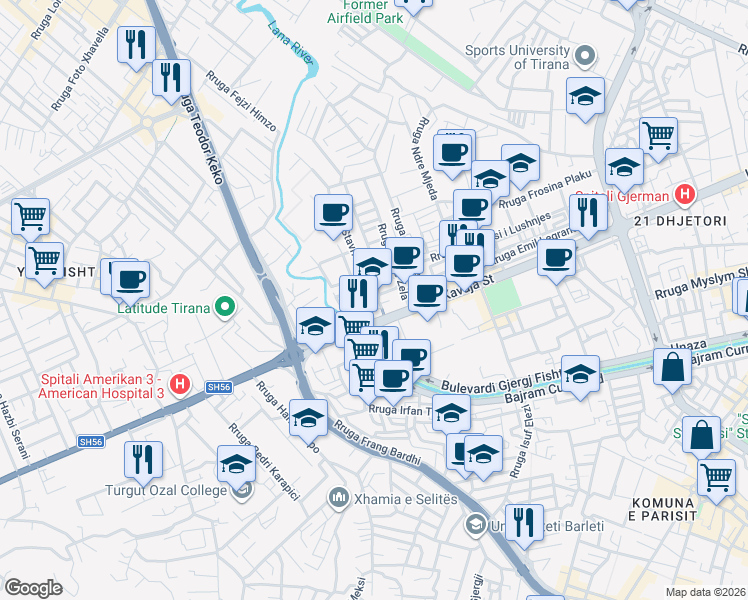 map of restaurants, bars, coffee shops, grocery stores, and more near Rruga Kel Kodheli in Tirana