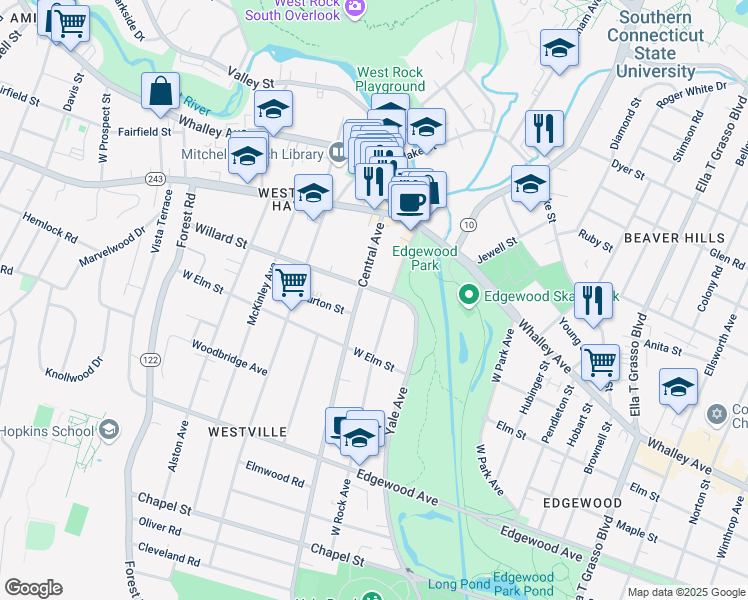 map of restaurants, bars, coffee shops, grocery stores, and more near 508 Yale Avenue in New Haven