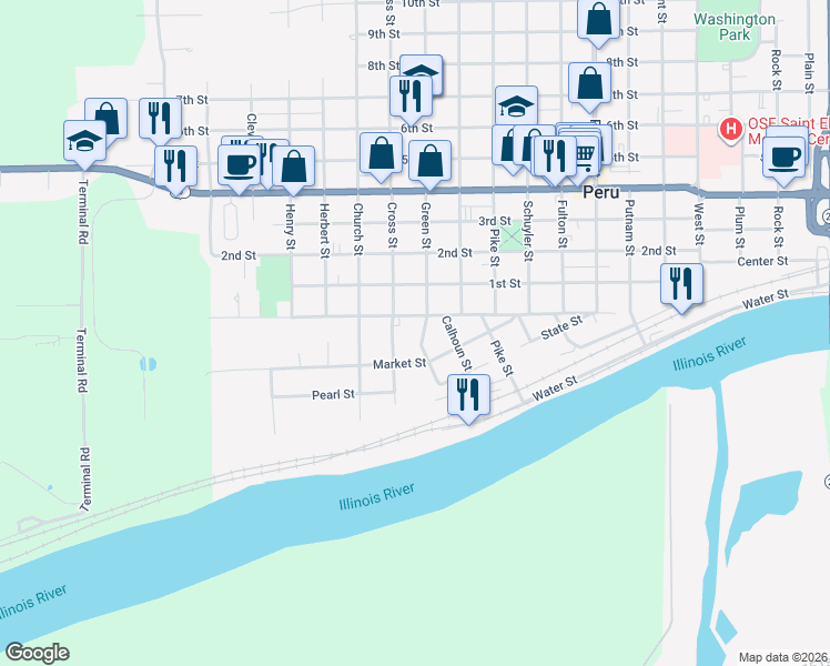 map of restaurants, bars, coffee shops, grocery stores, and more near 330 Green Street in Peru