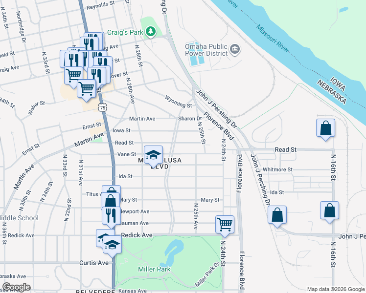 map of restaurants, bars, coffee shops, grocery stores, and more near 2539 Read Street in Omaha