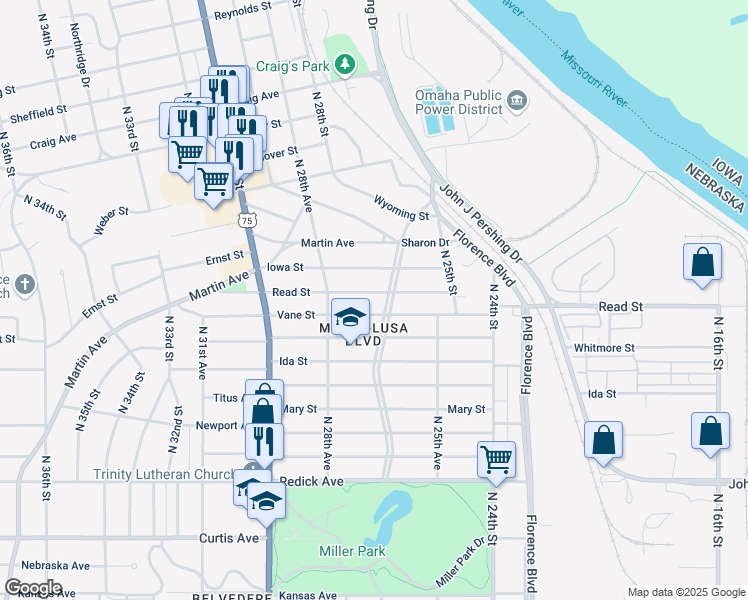 map of restaurants, bars, coffee shops, grocery stores, and more near 2711 Read Street in Omaha