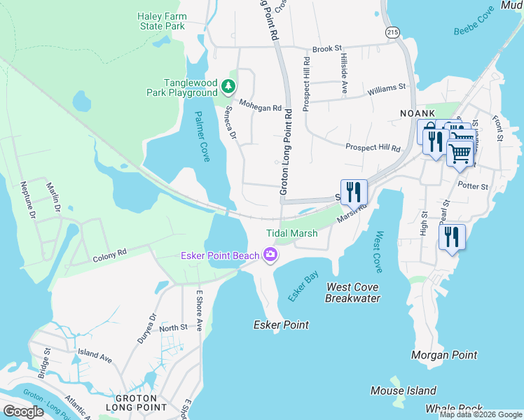 map of restaurants, bars, coffee shops, grocery stores, and more near 235 Seneca Drive in Groton