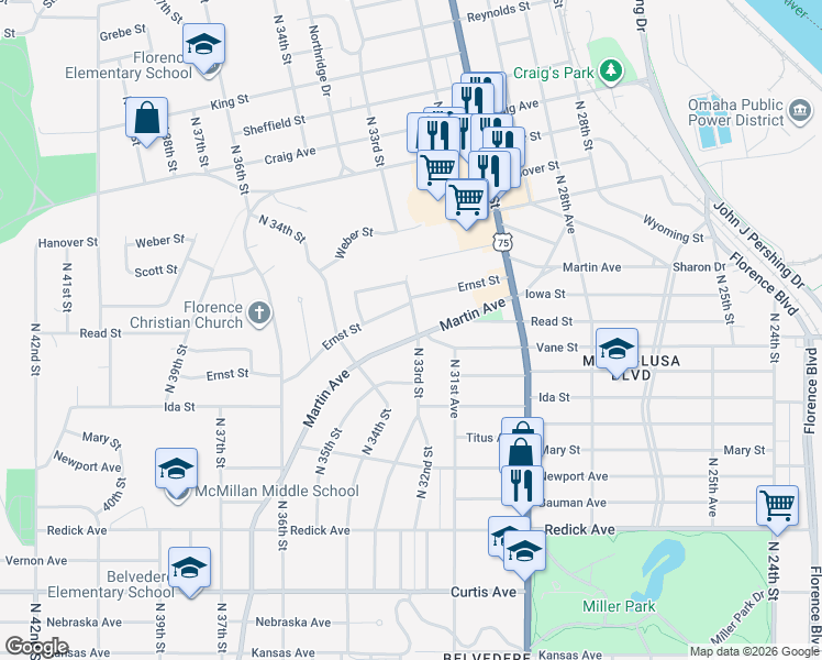 map of restaurants, bars, coffee shops, grocery stores, and more near 3302 Martin Avenue in Omaha