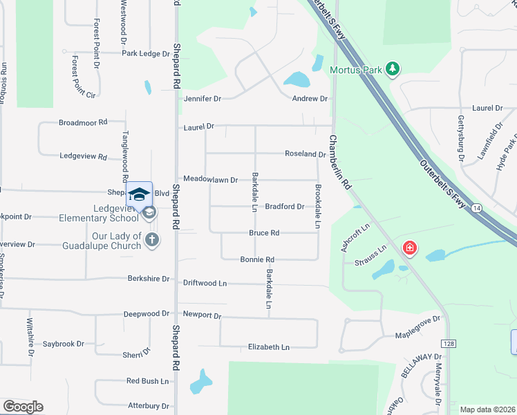 map of restaurants, bars, coffee shops, grocery stores, and more near 1490 Bradford Drive in Macedonia