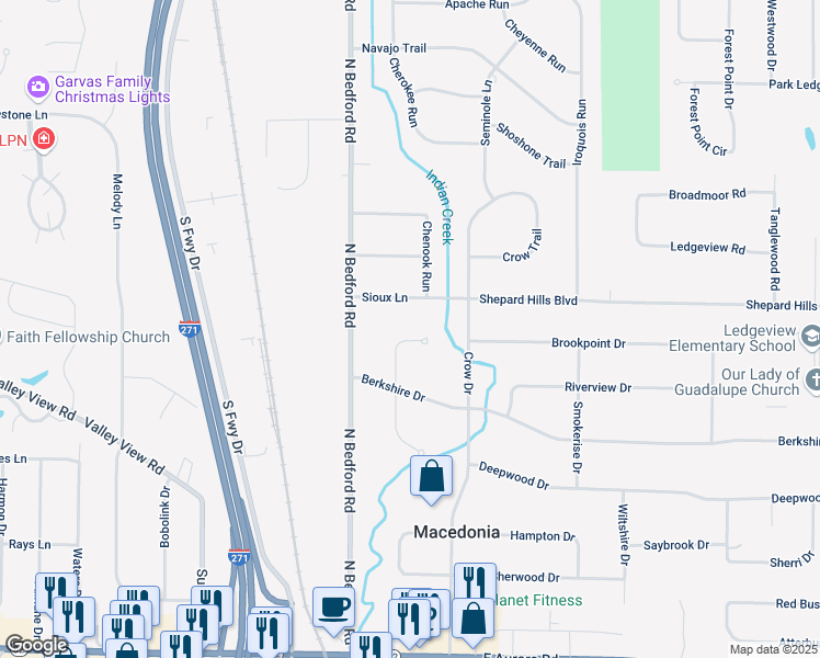 map of restaurants, bars, coffee shops, grocery stores, and more near 8774 Lawton Drive in Macedonia
