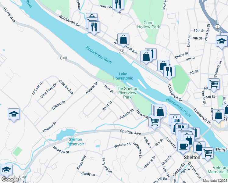 map of restaurants, bars, coffee shops, grocery stores, and more near 115 New Street in Shelton