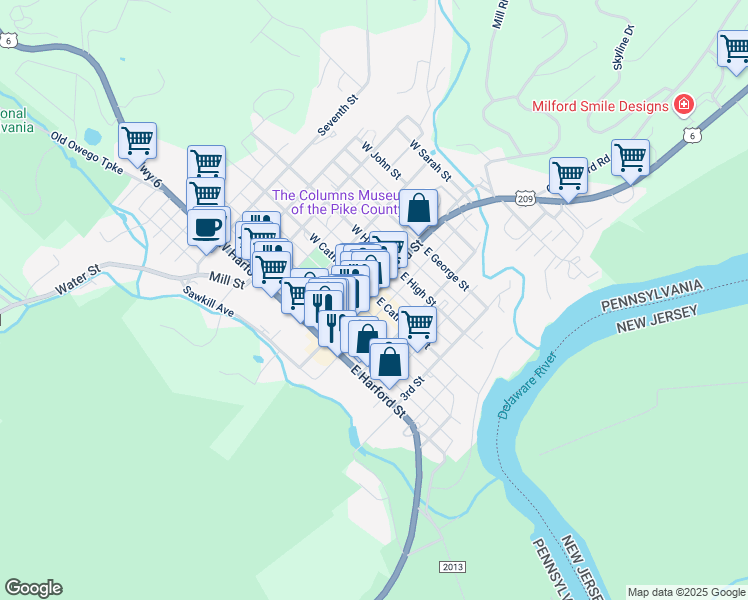 map of restaurants, bars, coffee shops, grocery stores, and more near 312 Broad Street in Milford