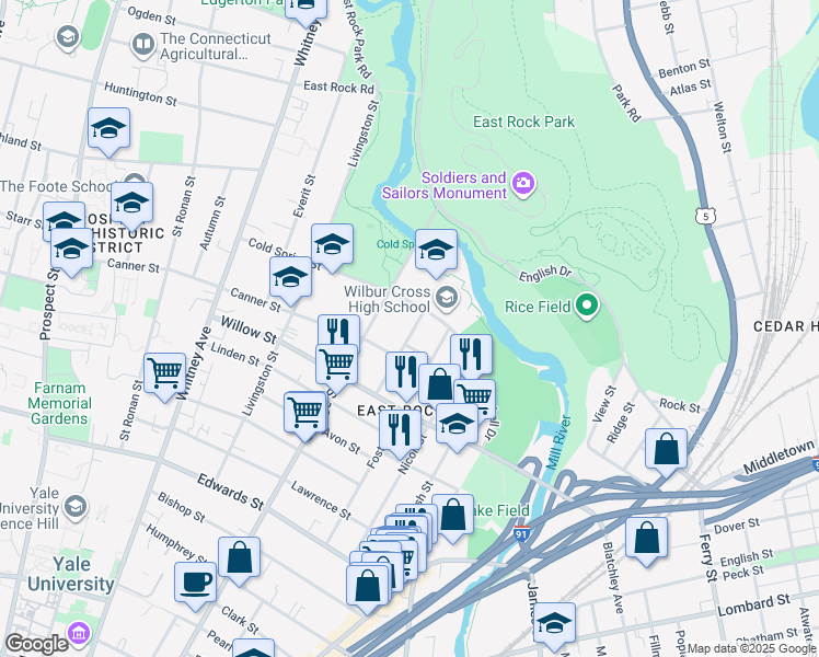 map of restaurants, bars, coffee shops, grocery stores, and more near 68 Anderson Street in New Haven