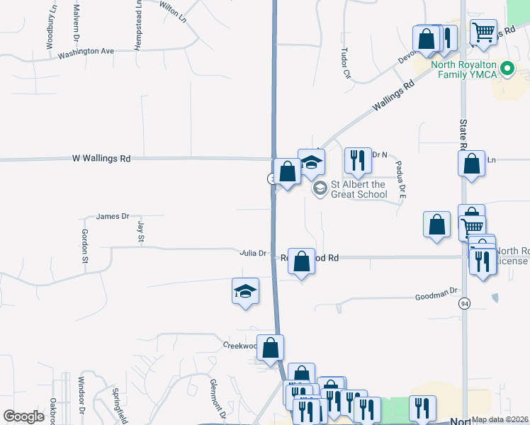 map of restaurants, bars, coffee shops, grocery stores, and more near 12300 Ohio 3 in North Royalton