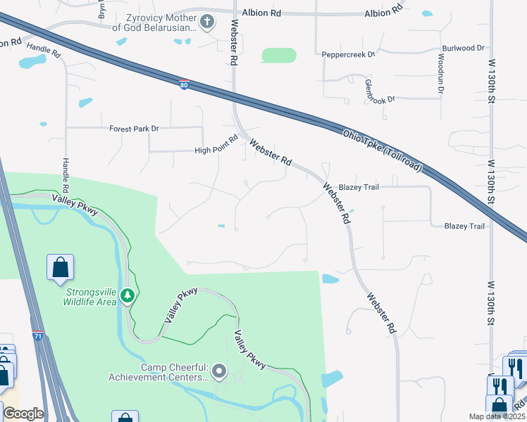 map of restaurants, bars, coffee shops, grocery stores, and more near 14290 Calderdale Lane in Strongsville